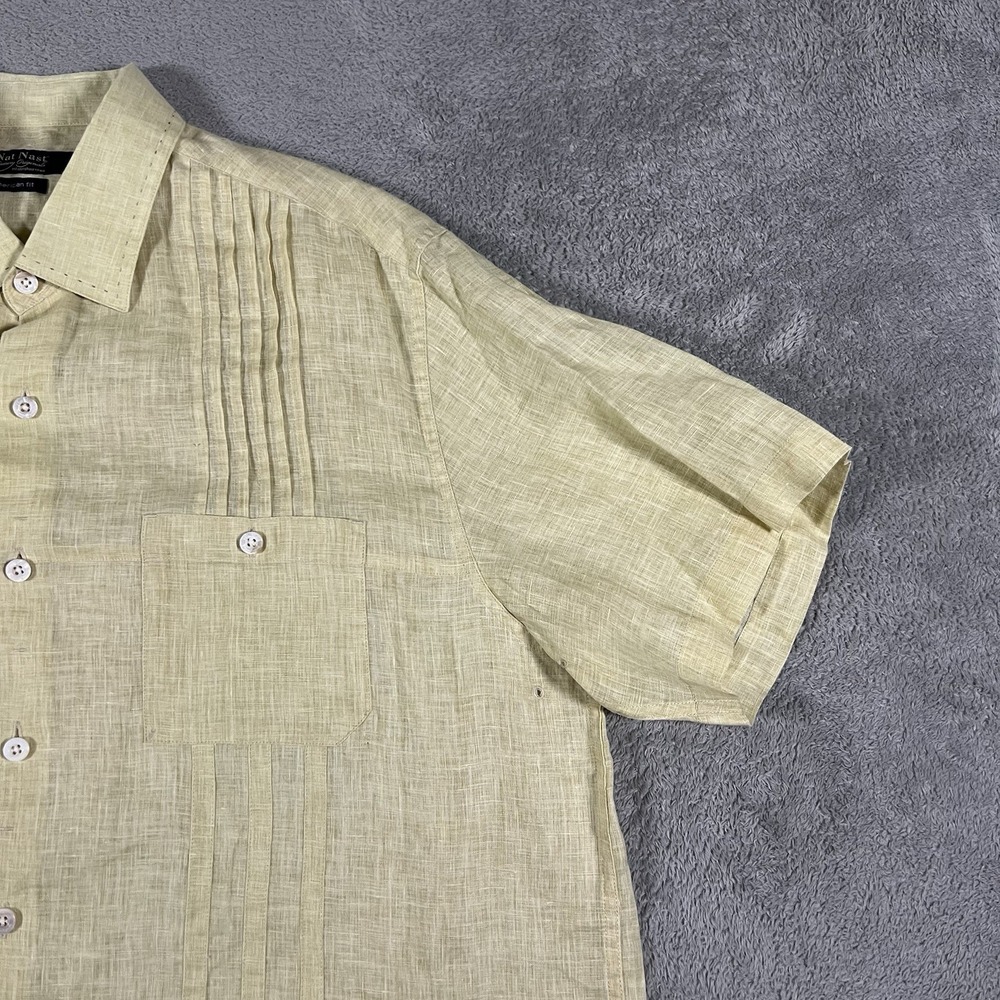 Nat Nast Shirt Mens Large Yellow Linen Button Up Short Sleeve Beach Preppy - Picture 6 of 12